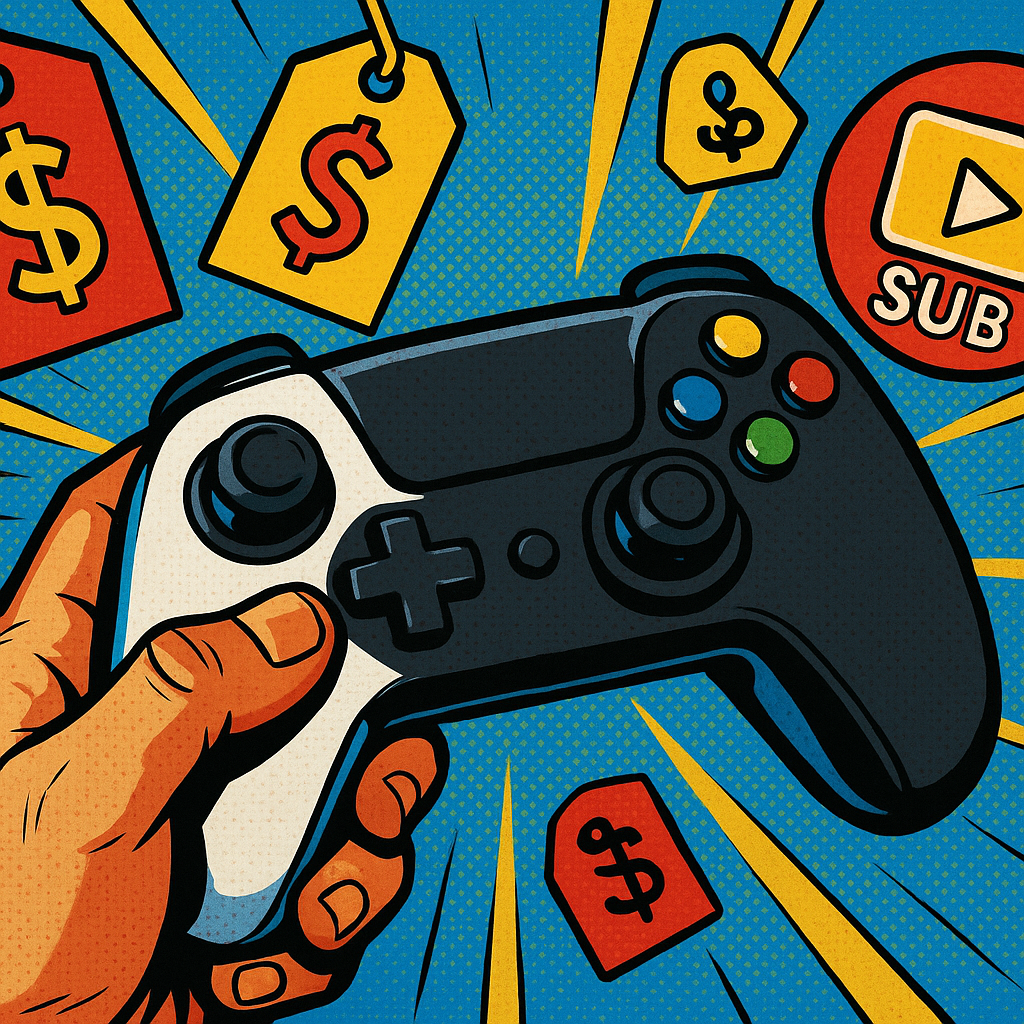 Close-up comic book art of a gaming controller surrounded by gaming subscription service symbols and price tags