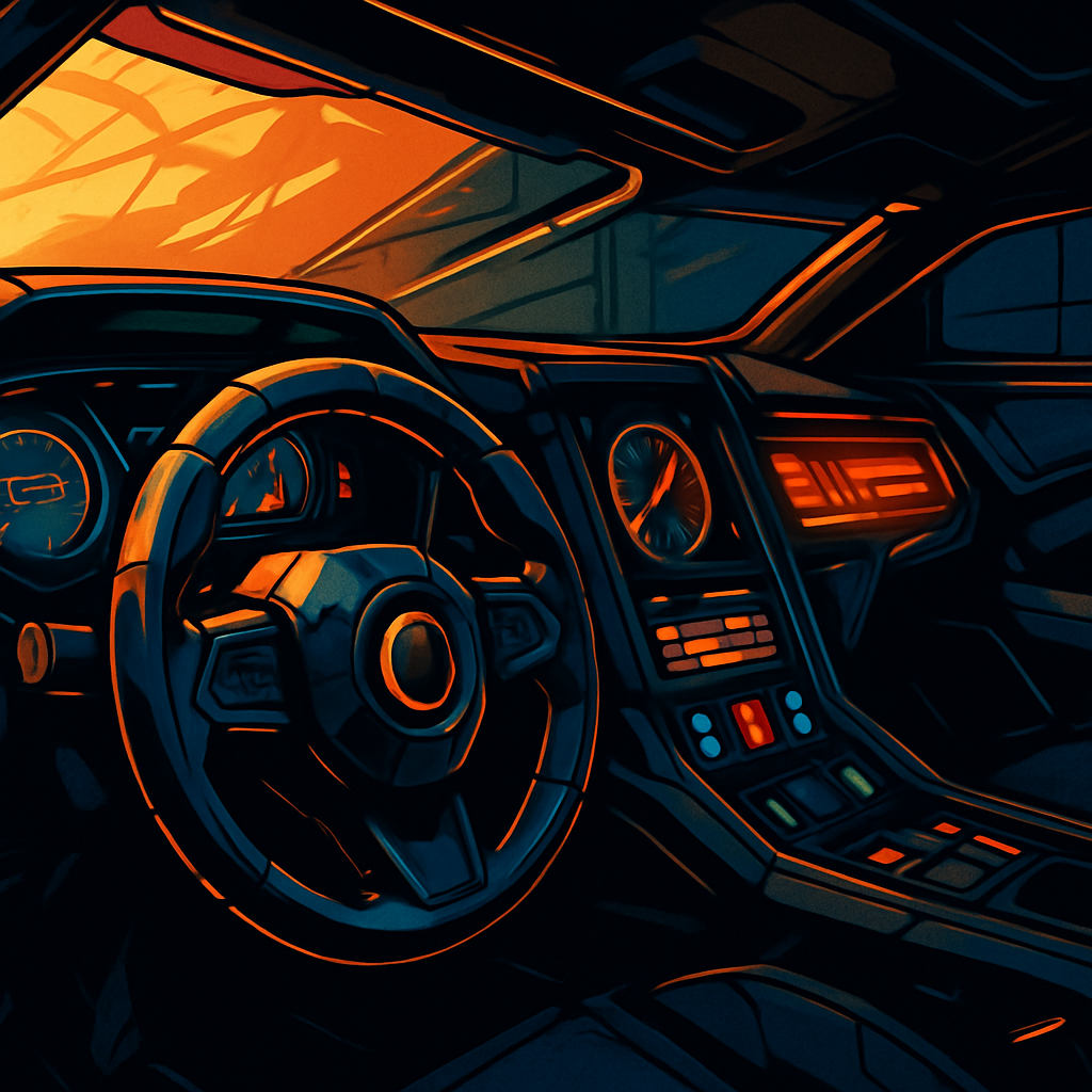 Close-up of an iconic video game car cockpit interior in comic book art style
