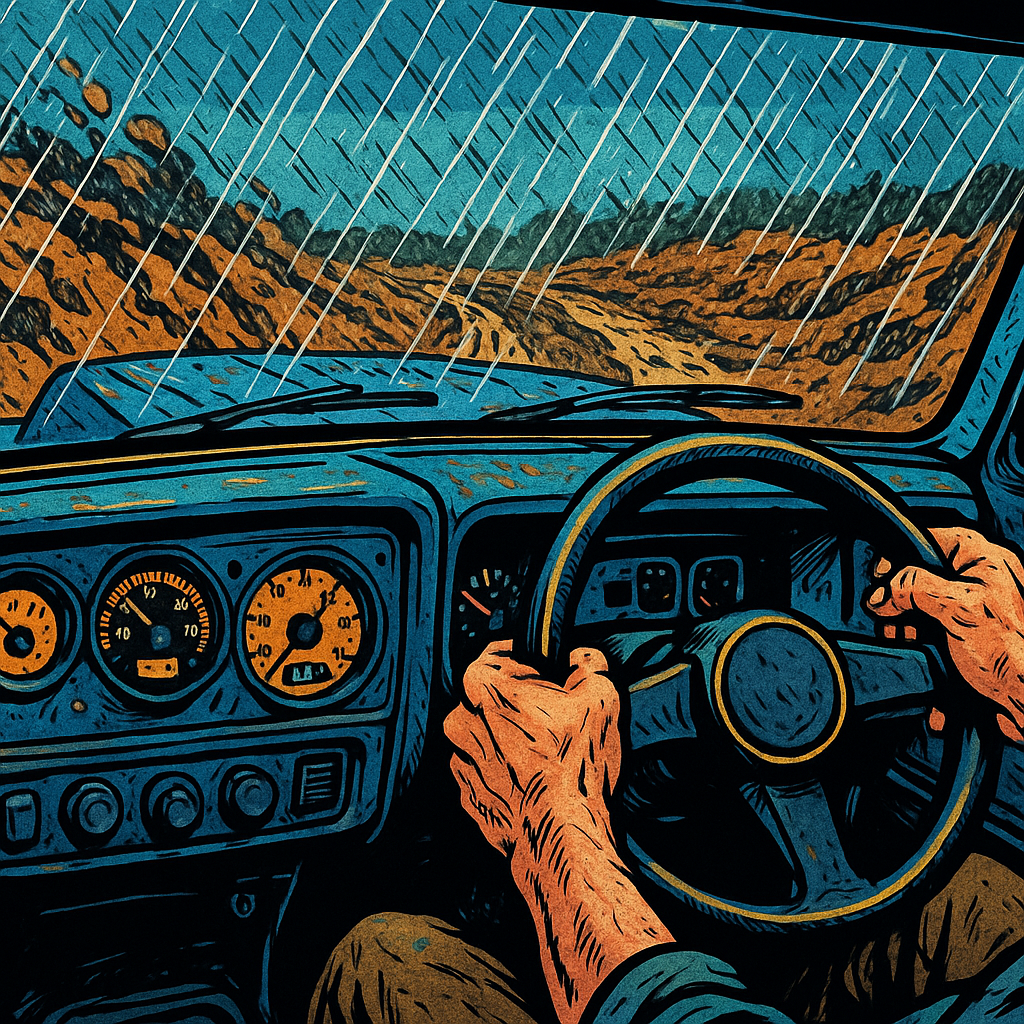 Comic book art close-up of off-road truck interior representing open world games with off-road exploration