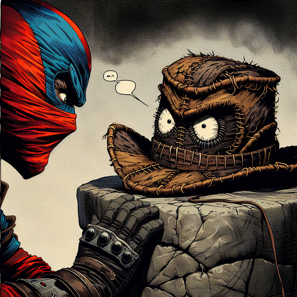 Comic book art of a sorting hat looking exasperated while a masked comic book character argues with it