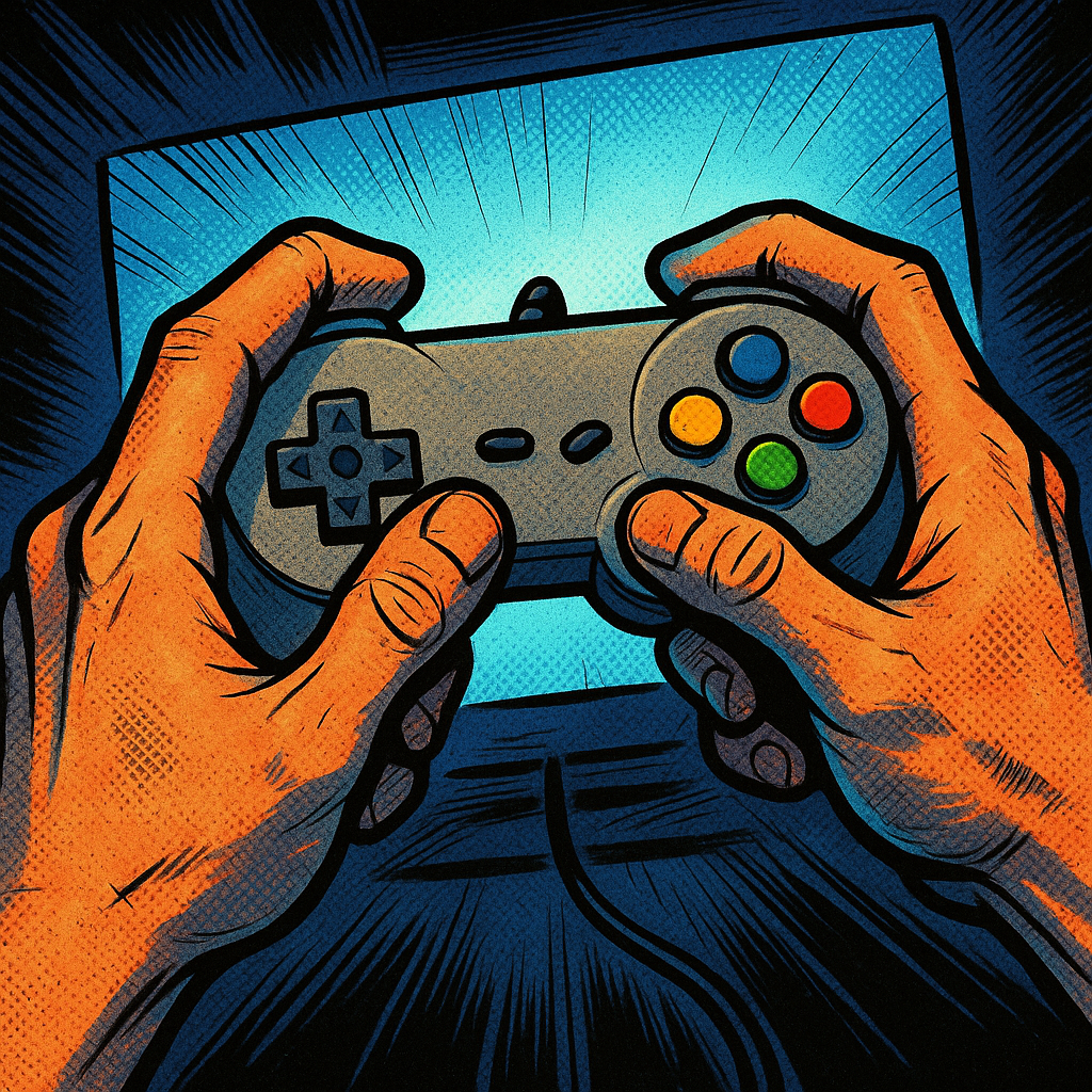 Close-up comic art of retro game controller capturing the emotional experience of retro games with cinematic storytelling