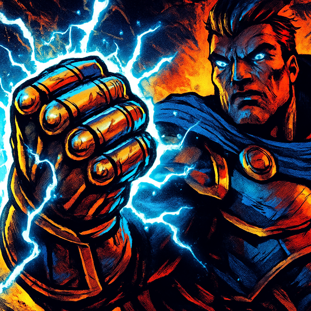 Close-up comic book art of an overpowered video game protagonist's energy-charged fist