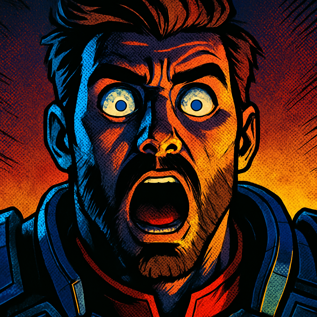 Close-up comic book panel of a character reacting to one of the best video game plot twists in history