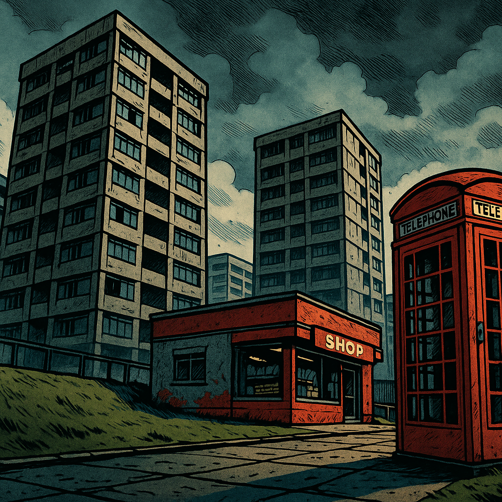 Comic art depiction of a brutalist British estate in a video game with authentic British architecture