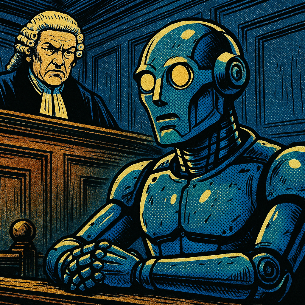 Comic art close-up of sci-fi movie technology AI on trial in a British courtroom