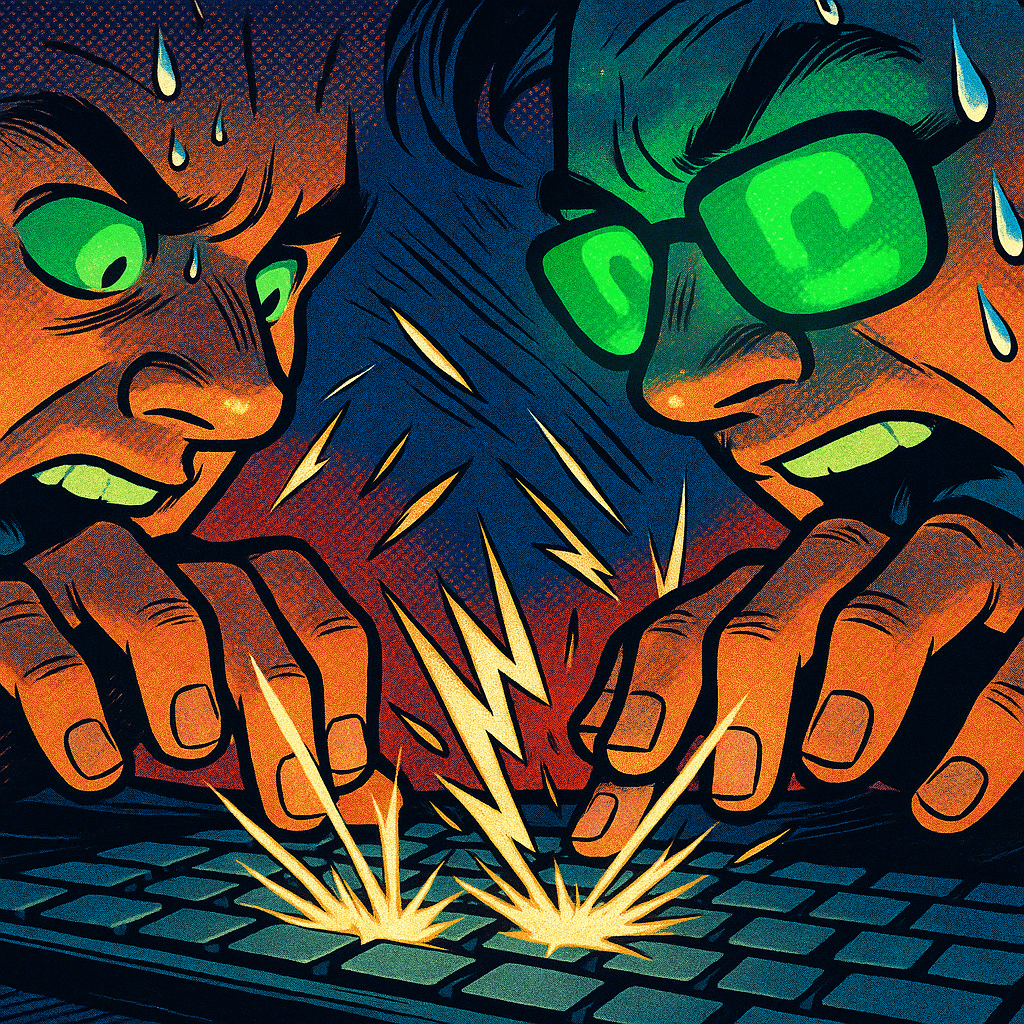 Comic book art showing two people typing on one keyboard illustrating unrealistic hacking scenes