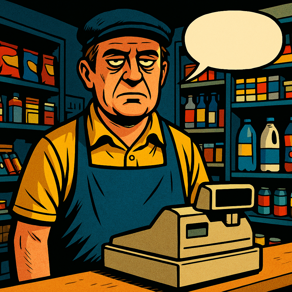 Comic book illustration of a blank-faced shopkeeper NPC behind a till, echoing the funniest video game NPCs