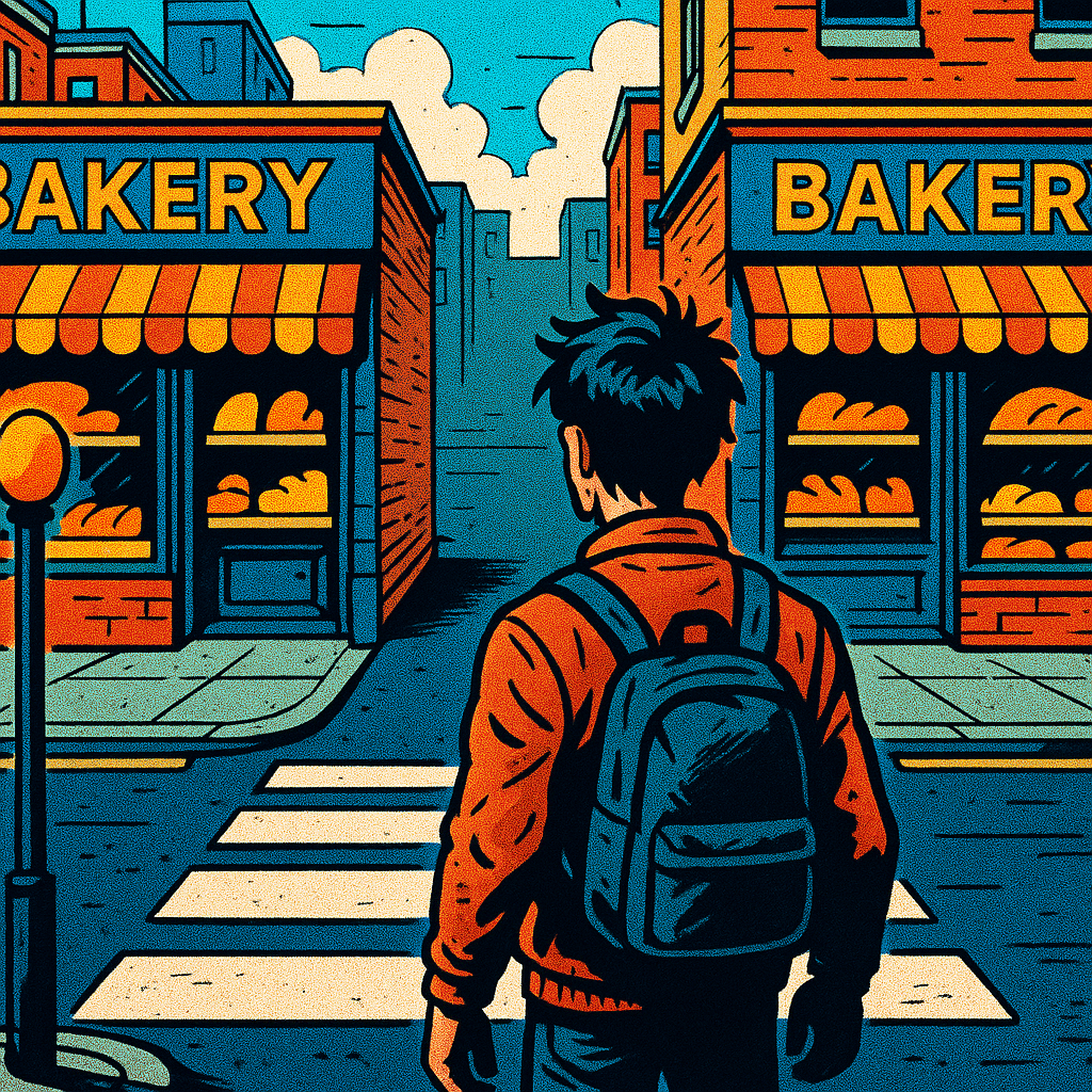 Comic book street scene showing open world game city design with two identical shops and a useless pedestrian crossing